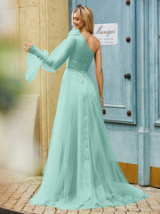Geschichtetes Blumen One-Shoulder A-Linie Tüllkleid Türkis