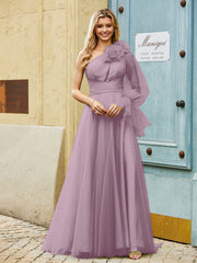 Geschichtetes Blumen One-Shoulder A-Linie Tüllkleid Vintage Mauve