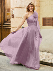 Geschichtetes Blumen One-Shoulder A-Linie Tüllkleid Vintage Mauve