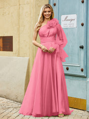 Geschichtetes Blumen One-Shoulder A-Linie Tüllkleid Wassermelone