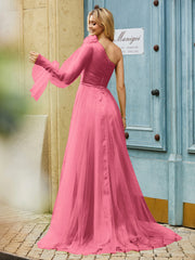 Geschichtetes Blumen One-Shoulder A-Linie Tüllkleid Wassermelone