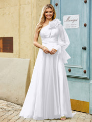 Geschichtetes Blumen One-Shoulder A-Linie Tüllkleid Weiß