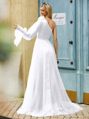 Geschichtetes Blumen One-Shoulder A-Linie Tüllkleid Weiß