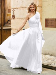 Geschichtetes Blumen One-Shoulder A-Linie Tüllkleid Weiß