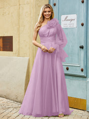 Geschichtetes Blumen One-Shoulder A-Linie Tüllkleid Blauregen