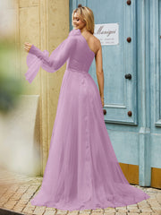 Geschichtetes Blumen One-Shoulder A-Linie Tüllkleid Blauregen