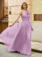 Geschichtetes Blumen One-Shoulder A-Linie Tüllkleid Blauregen