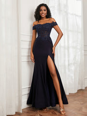 Applique Bodenlang Jersey Kleid mit Schlitz Dunkelmarine