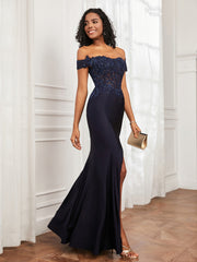 Applique Bodenlang Jersey Kleid mit Schlitz Dunkelmarine