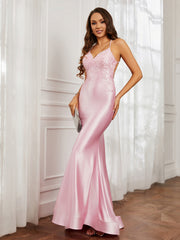 V-Ausschnitt Applique Spaghettiträger Meerjungfrau Kleid Zartrosa Übergröße