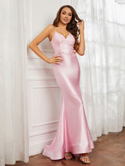 V-Ausschnitt Applique Spaghettiträger Meerjungfrau Kleid Zartrosa