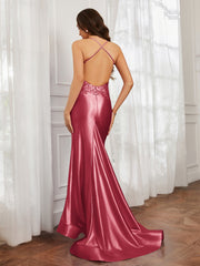V-Ausschnitt Applique Spaghettiträger Meerjungfrau Kleid Zimtrose