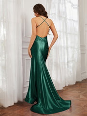 V-Ausschnitt Applique Spaghettiträger Meerjungfrau Kleid Dunkelgrün