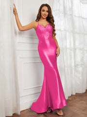 V-Ausschnitt Applique Spaghettiträger Meerjungfrau Kleid Fuchsia