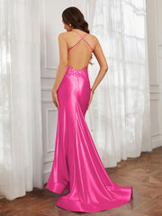 V-Ausschnitt Applique Spaghettiträger Meerjungfrau Kleid Fuchsia