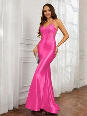 V-Ausschnitt Applique Spaghettiträger Meerjungfrau Kleid Fuchsia