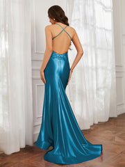 V-Ausschnitt Applique Spaghettiträger Meerjungfrau Kleid Tinte blau