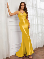 V-Ausschnitt Applique Spaghettiträger Meerjungfrau Kleid Ringelblume