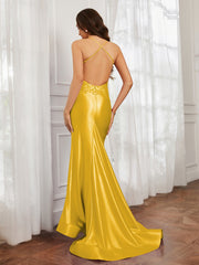V-Ausschnitt Applique Spaghettiträger Meerjungfrau Kleid Ringelblume