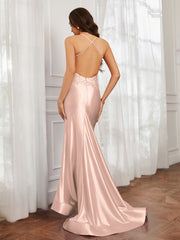 V-Ausschnitt Applique Spaghettiträger Meerjungfrau Kleid Perlrosa