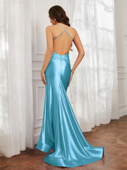 V-Ausschnitt Applique Spaghettiträger Meerjungfrau Kleid Schwimmbadblau