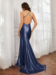 V-Ausschnitt Applique Spaghettiträger Meerjungfrau Kleid Violettblau