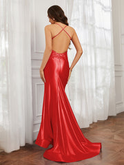 V-Ausschnitt Applique Spaghettiträger Meerjungfrau Kleid Rot
