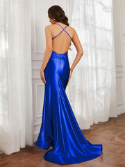 V-Ausschnitt Applique Spaghettiträger Meerjungfrau Kleid Königsblau