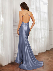 V-Ausschnitt Applique Spaghettiträger Meerjungfrau Kleid Sturm