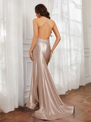 V-Ausschnitt Applique Spaghettiträger Meerjungfrau Kleid Taupe