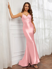 V-Ausschnitt Applique Spaghettiträger Meerjungfrau Kleid Flamingo Übergröße
