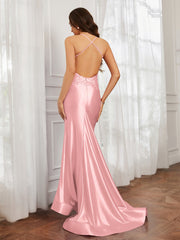 V-Ausschnitt Applique Spaghettiträger Meerjungfrau Kleid Flamingo