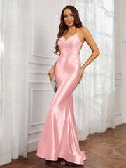 V-Ausschnitt Applique Spaghettiträger Meerjungfrau Kleid Flamingo