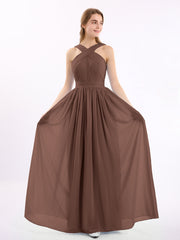 Vorderes Kreuz Chiffon lang Kleid mit Bowknot Schokolade