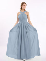 Vorderes Kreuz Chiffon lang Kleid mit Bowknot Staubiges Blau