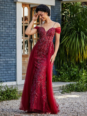 Spitze Oberteil Rücken Schulterfrei Tüllkleid Burgunderrot