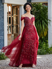 Spitze Oberteil Rücken Schulterfrei Tüllkleid Burgunderrot