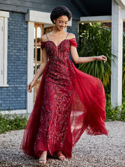 Spitze Oberteil Rücken Schulterfrei Tüllkleid Burgunderrot