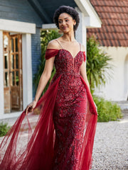 Spitze Oberteil Rücken Schulterfrei Tüllkleid Burgunderrot