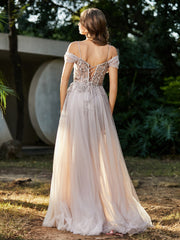 Spitze Oberteil Rücken Schulterfrei Tüllkleid Champagner