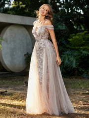 Spitze Oberteil Rücken Schulterfrei Tüllkleid Champagner