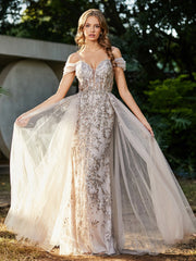 Spitze Oberteil Rücken Schulterfrei Tüllkleid Champagner