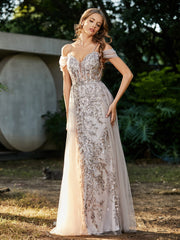 Spitze Oberteil Rücken Schulterfrei Tüllkleid Champagner