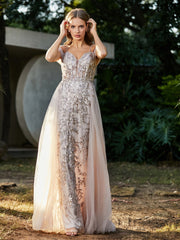 Spitze Oberteil Rücken Schulterfrei Tüllkleid Champagner