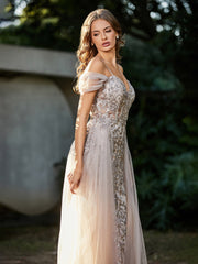 Spitze Oberteil Rücken Schulterfrei Tüllkleid Champagner