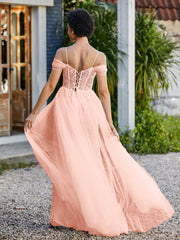 Spitze Oberteil Rücken Schulterfrei Tüllkleid Koralle
