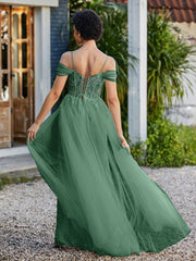 Spitze Oberteil Rücken Schulterfrei Tüllkleid Dunkelgrün