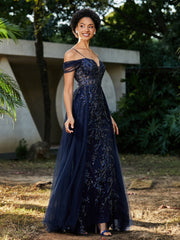 Spitze Oberteil Rücken Schulterfrei Tüllkleid Dunkelmarine