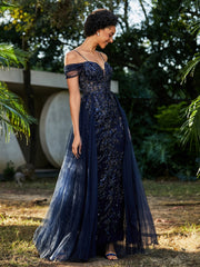 Spitze Oberteil Rücken Schulterfrei Tüllkleid Dunkelmarine