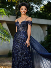 Spitze Oberteil Rücken Schulterfrei Tüllkleid Dunkelmarine